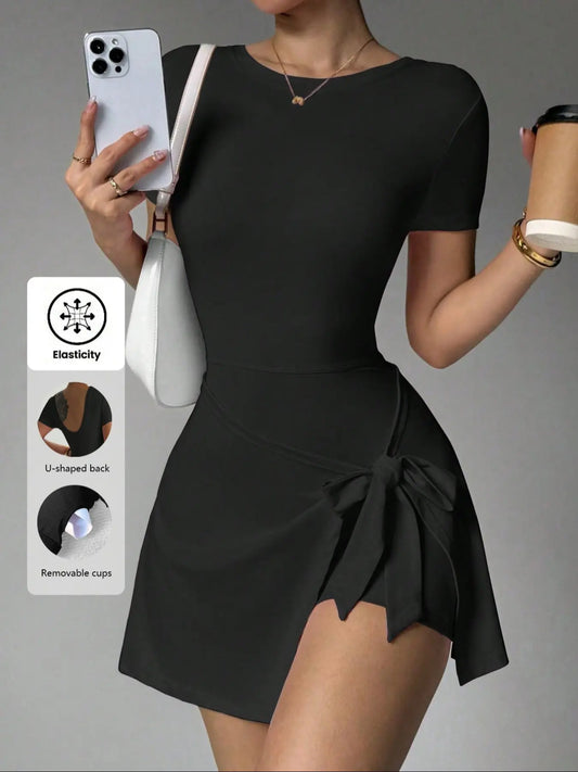 New Plain Short Sleeve Jumpsuit with Tie Waist, Stylish Yoga Tennis Dress for Women, Trendy Sporty Bodysuit for Active Lifestyle, Workout Dress