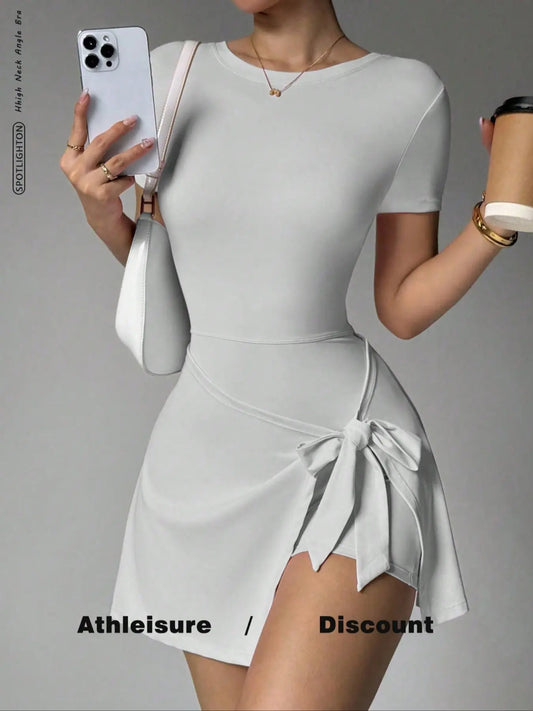 New Plain Short Sleeve Jumpsuit with Tie Waist, Stylish Yoga Tennis Dress for Women, Trendy Sporty Bodysuit for Active Lifestyle, Workout Dress